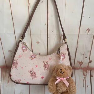 Pink Teddy Print Shoulder Bag with Brown Trim
